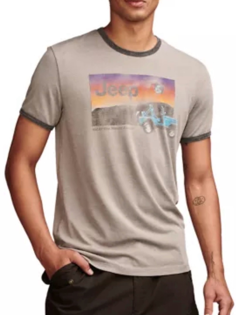 Lucky Brand and Jeep collaboration grey Ringer Tee with Sunset Jeep Graphic